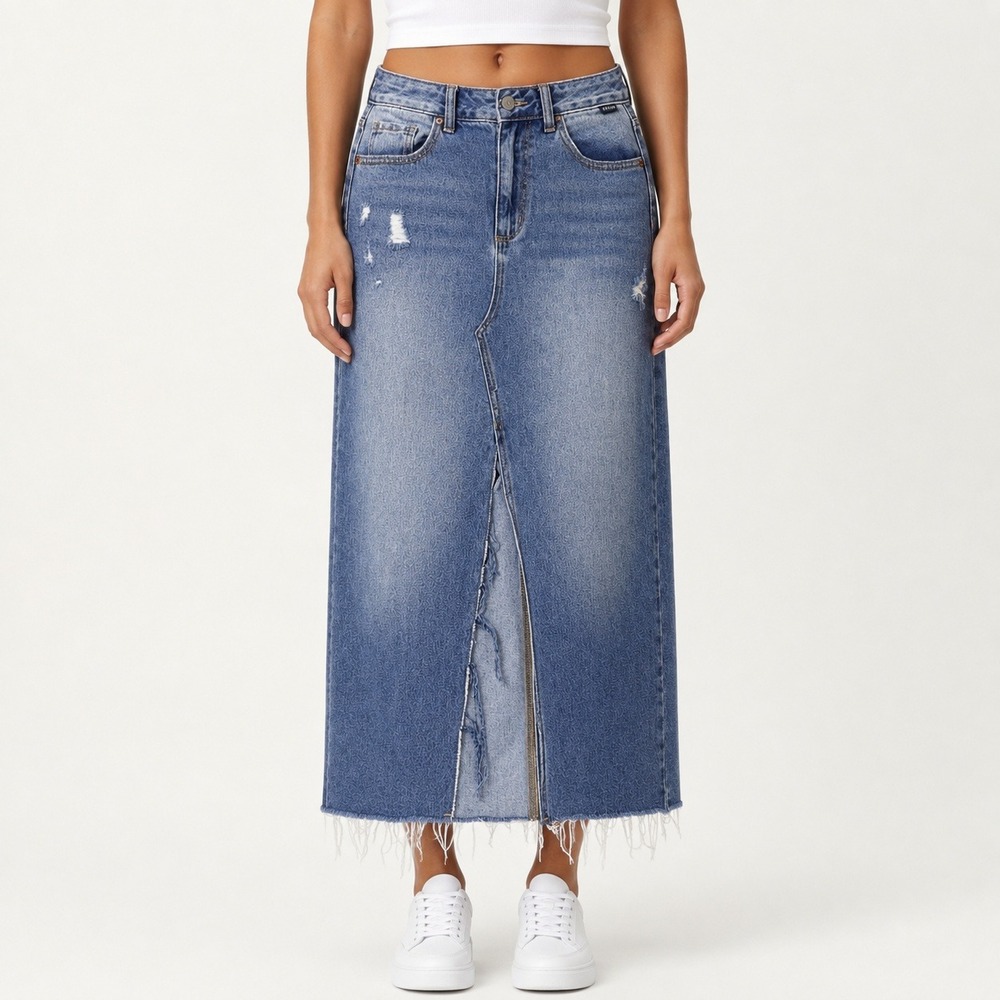 Cello Womens High Waisted Denim Maxi Skirt Medium Wash Distressed Front Slit S